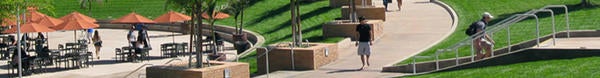 UCR students walking in the center of campus and eating at the Highlander Union Building (HUB)